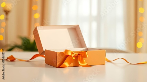 An open gift box with a golden ribbon sits on a white table in a sunlit room