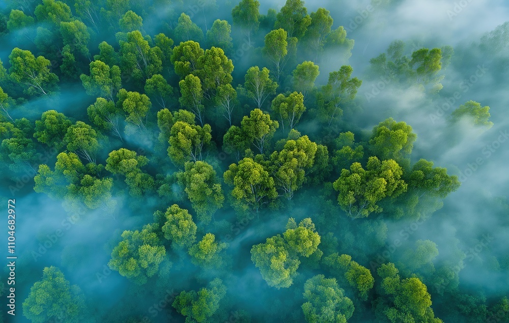 The scene captures the dense, lush green trees shrouded in a mystical layer of fog, creating a serene and tranquil atmosphere. The forest is rich with various shades of green. The scene captures the dense, lush green trees shrouded in a mystical layer of fog, creating a serene and tranquil atmosphere. The forest is rich with various shades of green.