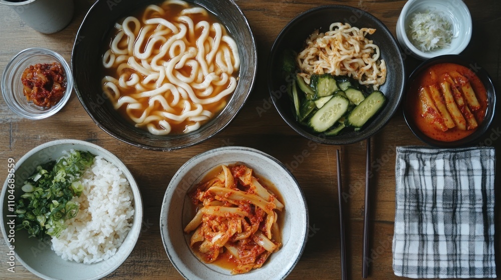 Flat lay of East Asian comfort food, udon noodles, kimchi fried rice, pickled vegetables, cozy home-style setup