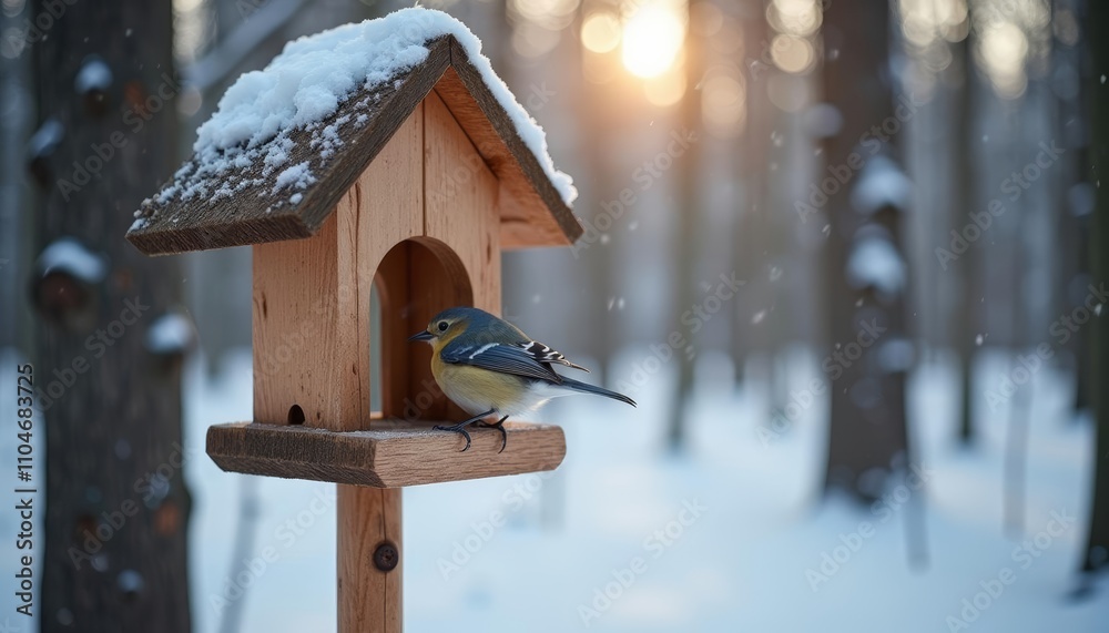 Snowy birdhouse with perching bluebird Snowy birdhouse with perching bluebird