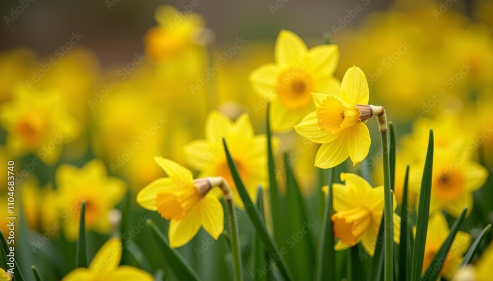 Fototapeta premium Yellow daffodils in bloom with green stems