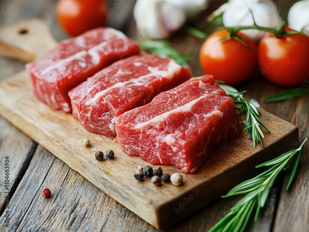 Raw Beef Steaks on Rustic Wooden Board - Ready for Grilling Raw Beef Steaks on Rustic Wooden Board - Ready for Grilling
