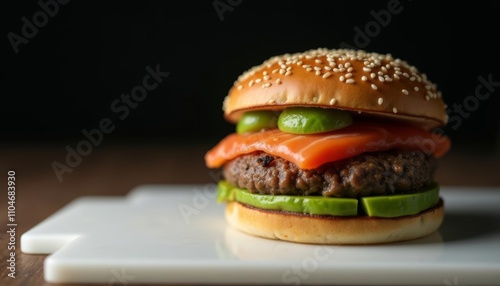 A delicious-looking burger on a white plate, The burger is ready to eat!, Ses photo