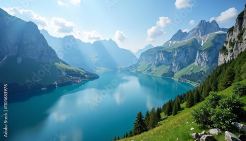 Blue mountain lake with green mountains