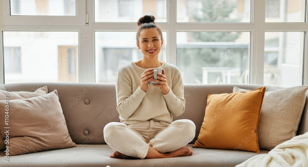 Smiling Asian woman sitting on couch holding mug, in cozy indoor setting Smiling Asian woman sitting on couch holding mug, in cozy indoor setting