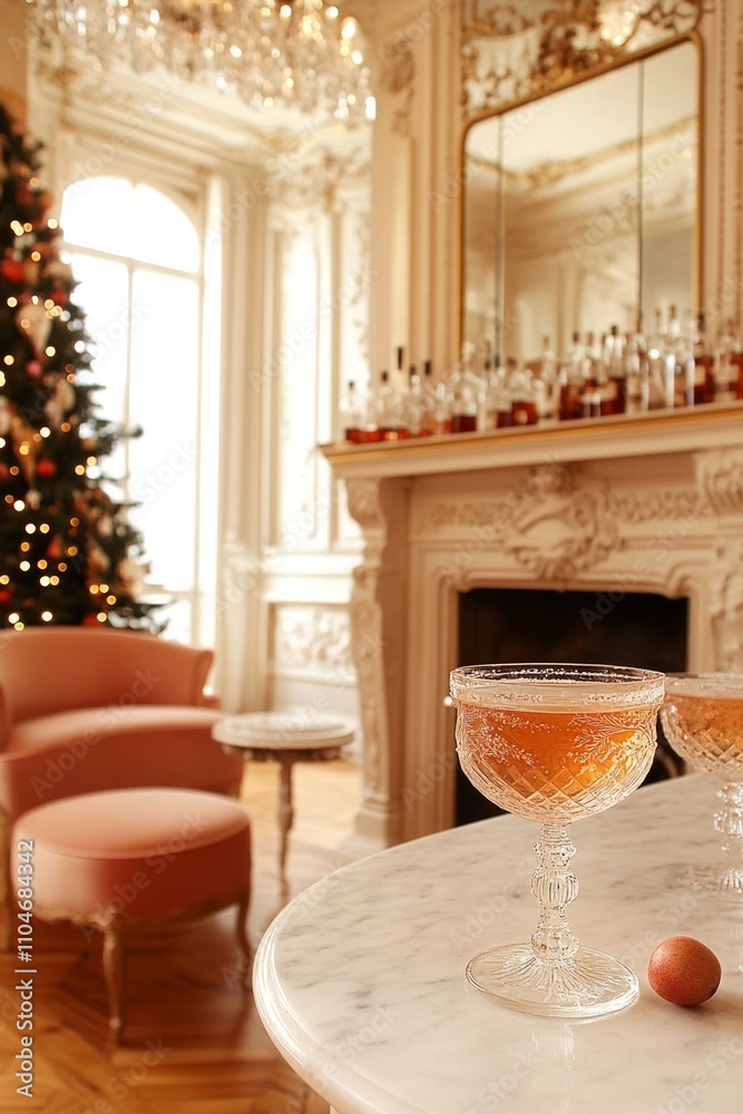 Hot rum punch with spices and plums, on the background of a Christmas tree on the table Hot rum punch with spices and plums, on the background of a Christmas tree on the table