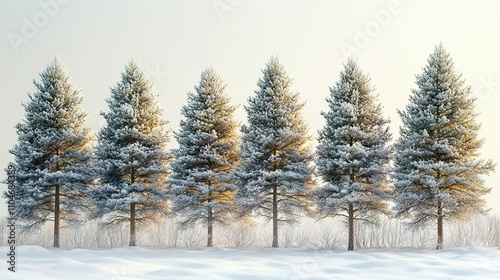 Five Snowy Pine Trees Stand In Winter Landscape