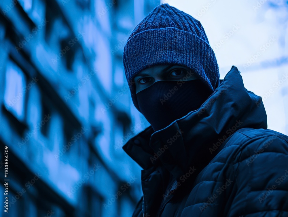 Mysterious Masked Man in Urban Setting - Blue Hue Mysterious Masked Man in Urban Setting - Blue Hue