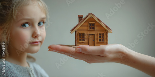 Hand of mother house model in hand to daughter model house passed from one hand to another photo