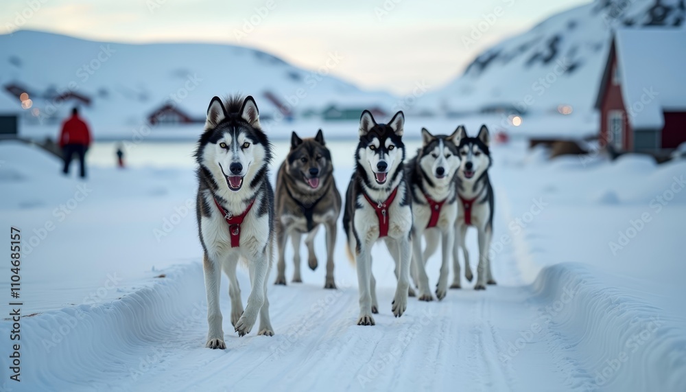 Five huskies walking in snowy village Five huskies walking in snowy village