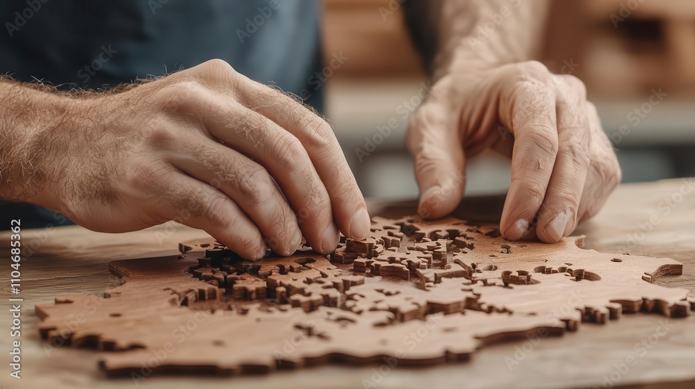 Hands assembling a handmade wooden puzzle, precision and care visible Hands assembling a handmade wooden puzzle, precision and care visible