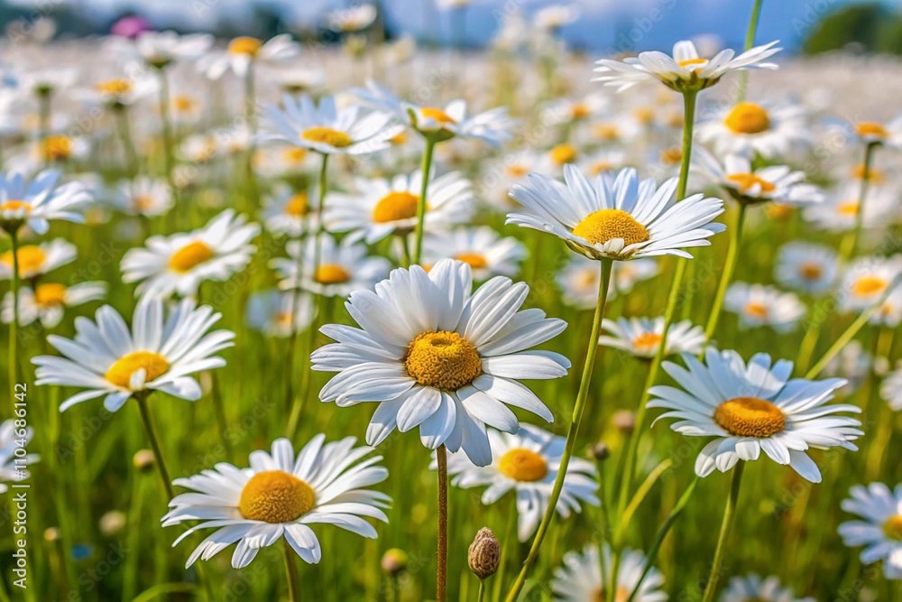 Fototapeta premium Vibrant field of daisies in full bloom under a sunny sky.
