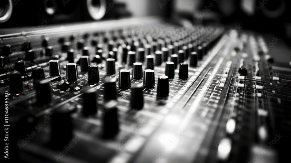 Mixing console with knobs and sliders for audio engineering work Mixing console with knobs and sliders for audio engineering work