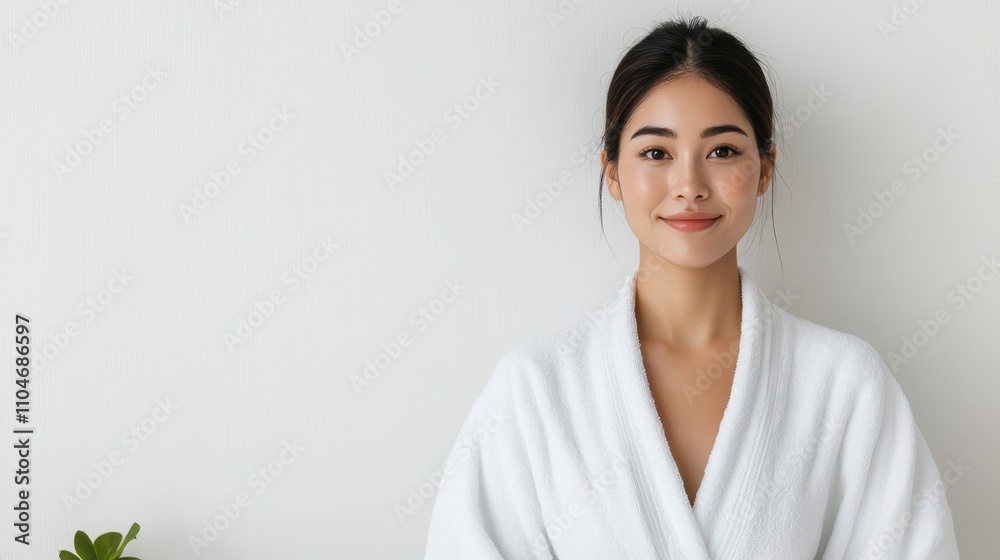 Serene Young Woman in White Bathrobe with Minimalist Background Serene Young Woman in White Bathrobe with Minimalist Background