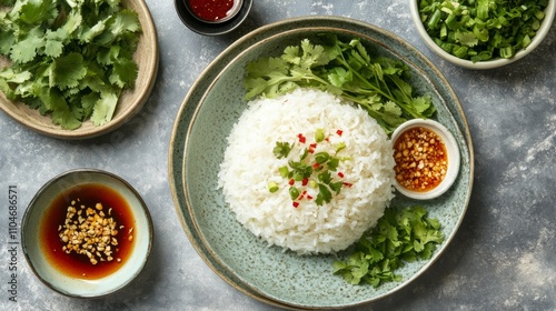 Fresh Cooked Rice with Herbs and Condiments on Rustic Table