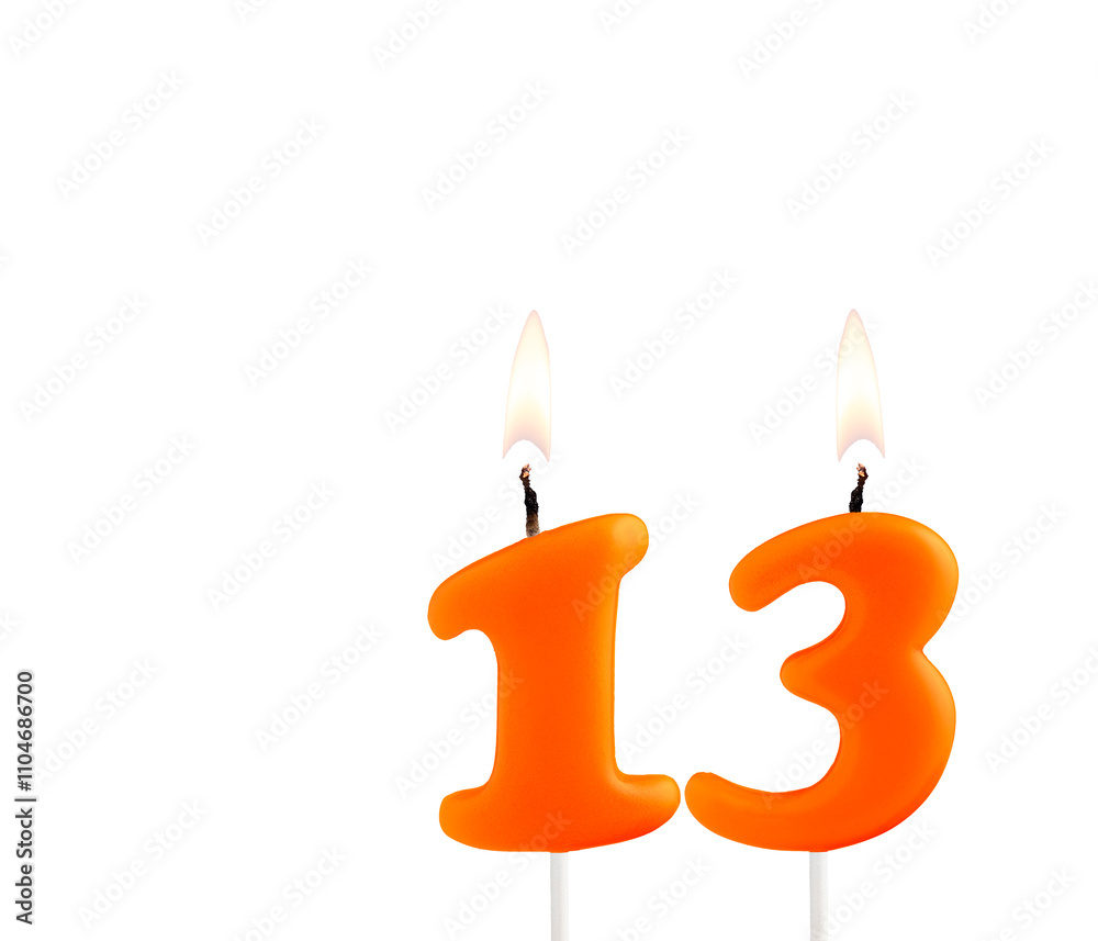 Orange birthday candle on white background - Number 13 Orange birthday candle on white background - Number 13