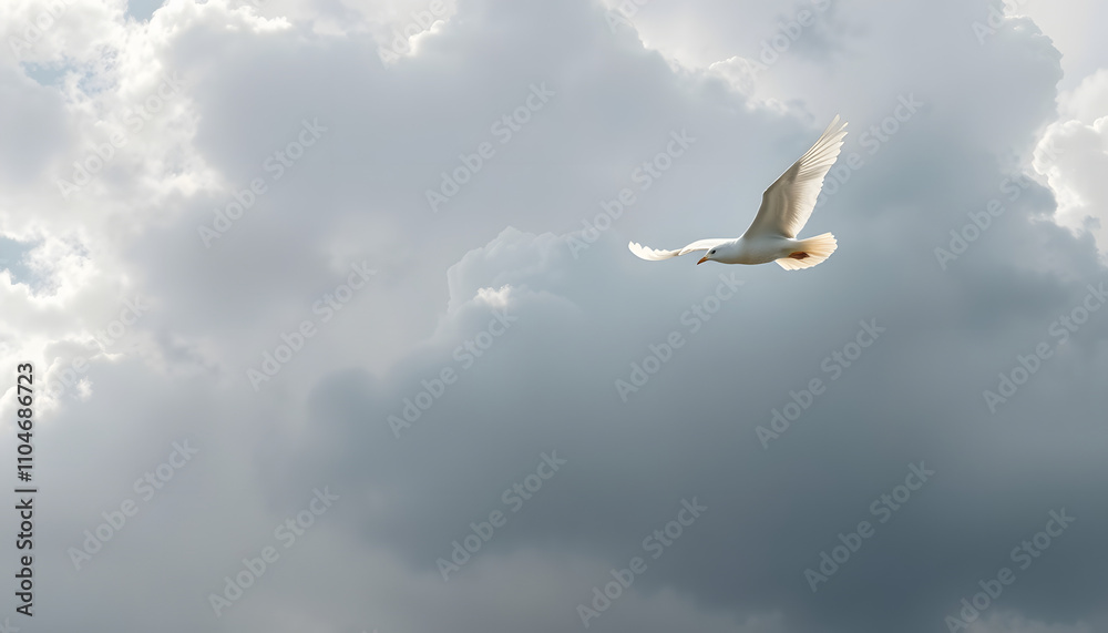 Fototapeta premium bird flying in cloudy skies isolated with white highlights, png