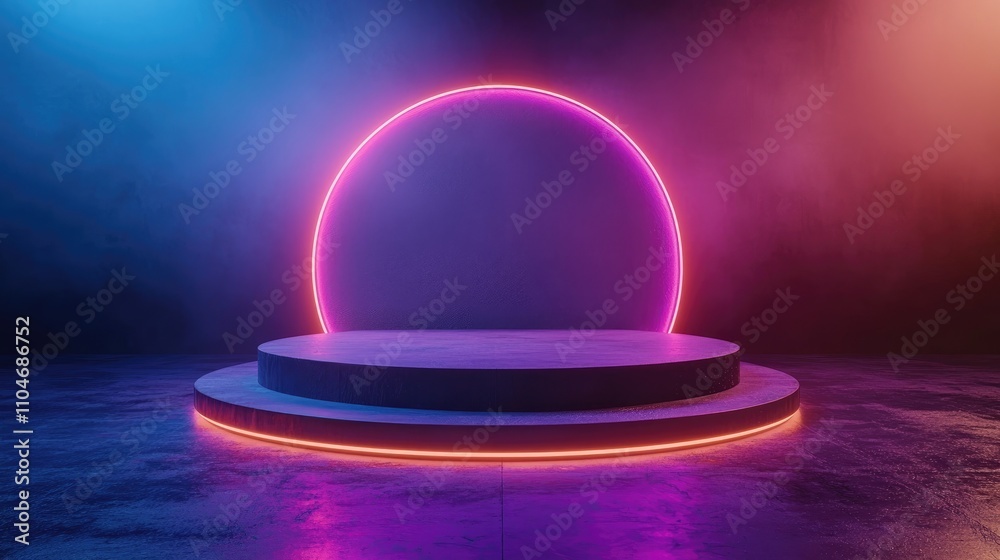 Neon Light Illuminated Concrete Platform With Circular Glowing Halo Neon Light Illuminated Concrete Platform With Circular Glowing Halo