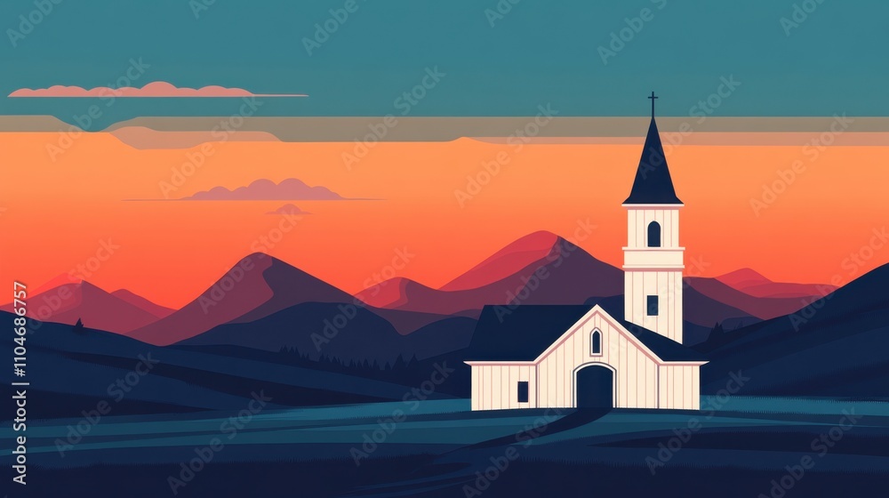 Scenic Church at Sunset with Mountains in Background Scenic Church at Sunset with Mountains in Background