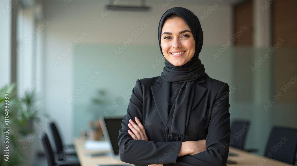 Portrait of a Muslim Woman in Hijab at Work, Smiling in a Professional Office Environment
Portrait of a Muslim Woman in Hijab at Work, Smiling in a Professional Office Environment