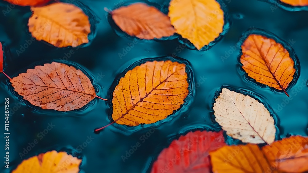 Fototapeta premium Serene Autumn Leaves Dancing on a Calm Pond with Reflective Water Illuminating Their Colors. Scenic Beauty of Nature Concept