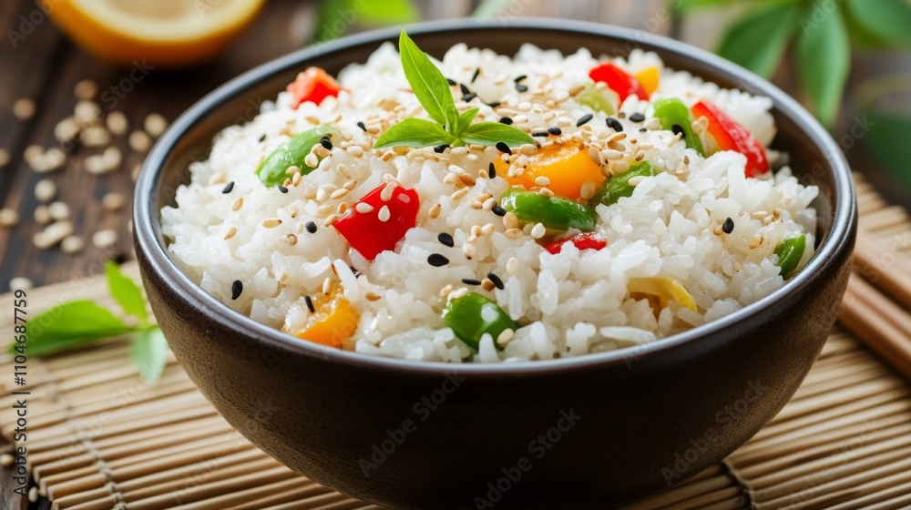 Fresh Vegetable Rice Bowl with Colorful Peppers and Herbs Fresh Vegetable Rice Bowl with Colorful Peppers and Herbs