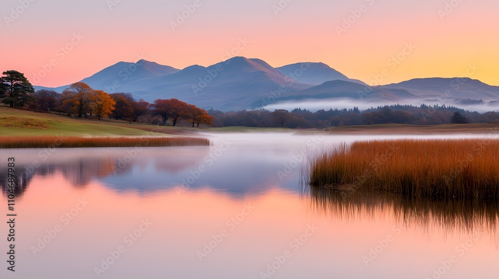 A serene dawn at a tranquil lake, surrounded by majestic mountains and rising mist creating magic. Scenic Beauty of Nature Concept A serene dawn at a tranquil lake, surrounded by majestic mountains and rising mist creating magic. Scenic Beauty of Nature Concept