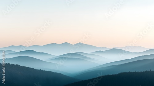 A Serene Morning in the Misty Valleys with Layered Mountains Under a Soft Pastel Sky. Scenic Beauty of Nature Concept