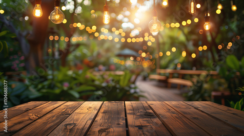 Wooden Table with Garden Party Lights in Blurred Green Outdoor Background