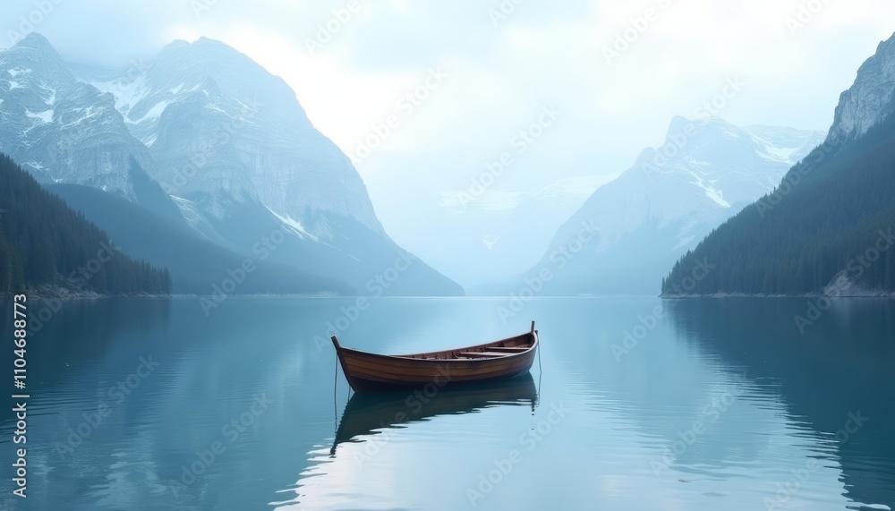 A boat floating on a serene mountain lake A boat floating on a serene mountain lake