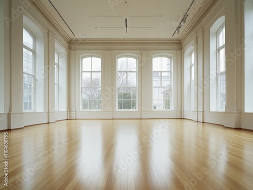 spacious empty room with large windows and wooden flooring