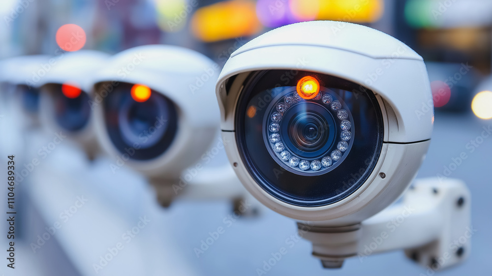 A row of security cameras are mounted on a pole. The cameras are all facing the same direction and are all lit up. The scene is set in a city, with cars and other vehicles visible in the background A row of security cameras are mounted on a pole. The cameras are all facing the same direction and are all lit up. The scene is set in a city, with cars and other vehicles visible in the background