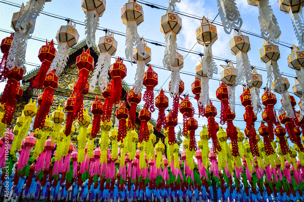 Fototapeta premium Light and Color in colorful​ Lantern​ Festival​ at Wat Phra That Hariphunchai in Lamphun, Thailand, South East Asia