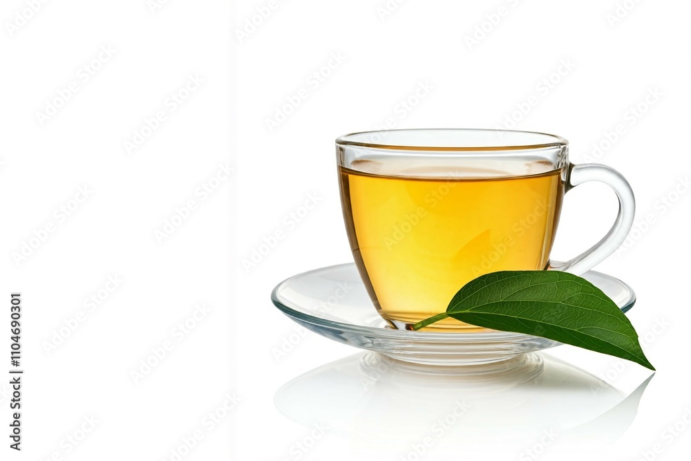 A clear glass cup of tea with a saucer and a single green leaf, isolated on a white background. A clear glass cup of tea with a saucer and a single green leaf, isolated on a white background.