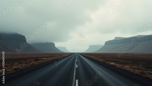 Long empty road leading to mountains in the distance on a foggy day