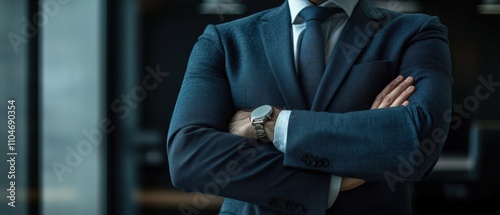 businessman in a suit with crossed arms in a modern office setting