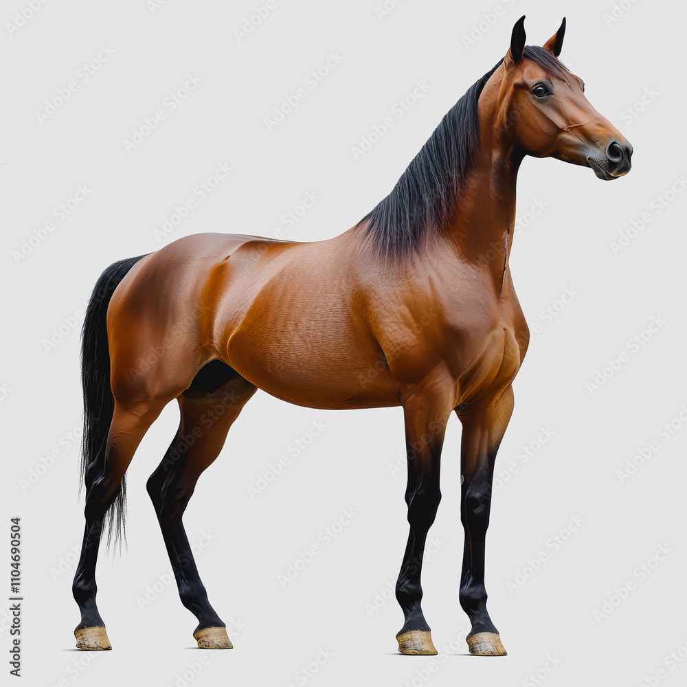 Obraz premium Majestic Brown Horse Standing Proudly in a Neutral Setting, Showcasing Its Graceful Physique and Sleek Coat in Vibrant Detail for Animal Photography Enthusiasts