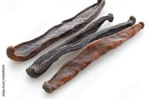 Excellent quality of two dried vanilla bean pods isolated on a white backdrop. Generative Ai