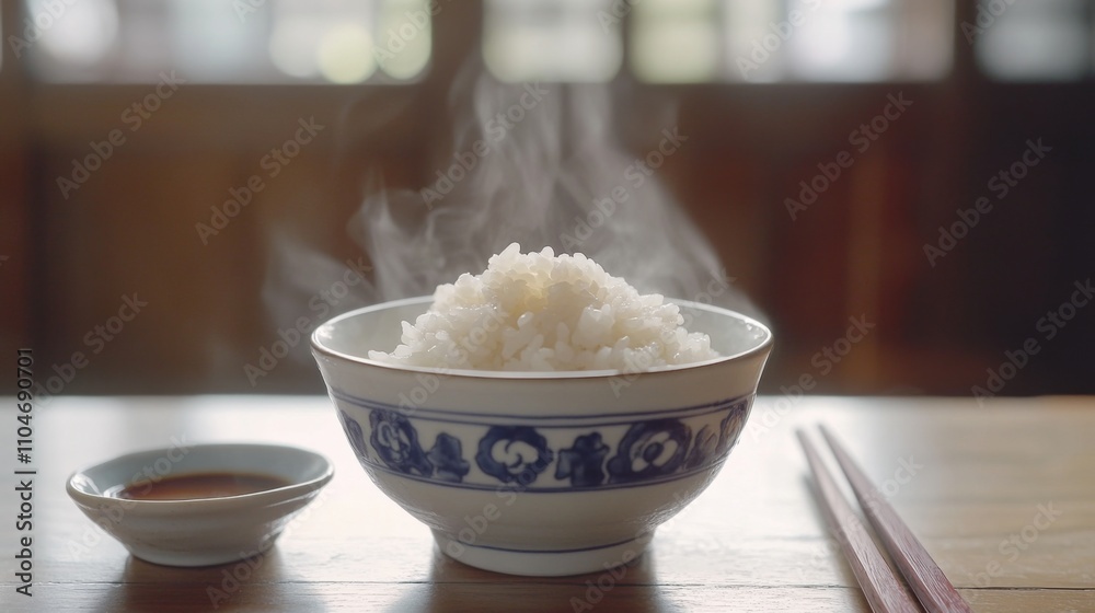 Steaming Bowl of Rice with Soy Sauce and Chopsticks on Table Steaming Bowl of Rice with Soy Sauce and Chopsticks on Table