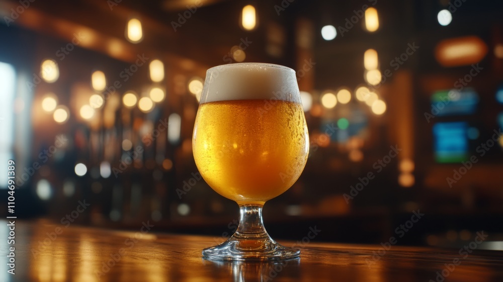 Refreshing Glass of Beer with Foam in a Cozy Bar Setting Refreshing Glass of Beer with Foam in a Cozy Bar Setting