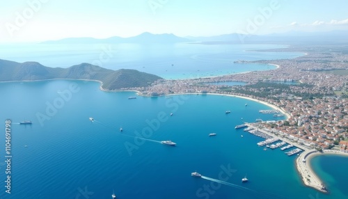 Mediterranean coastal cityscape with boats in harbor