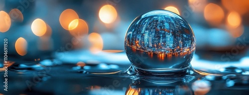 A glass sphere displaying reflections of city lights.