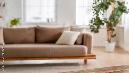 Wallpaper Mural Blurred view of light living room with sofa and soft bench Torontodigital.ca