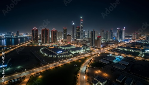 Bright city lights at night illuminate the urban landscape