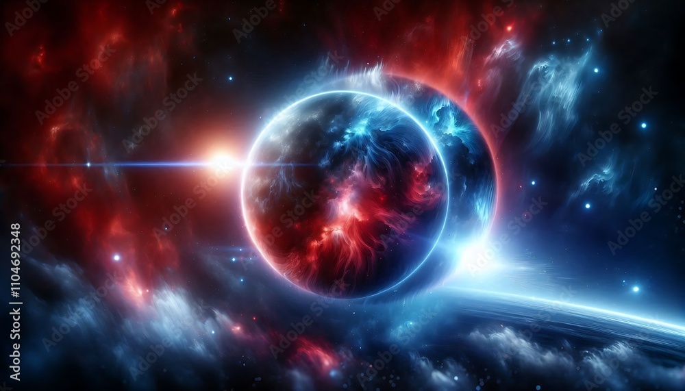 Obraz premium Celestial Body Illuminated by Red and Blue Nebulae