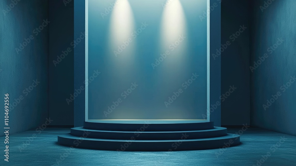 Three-Tiered Circular Platform in a Dark Blue Room with Spotlights Three-Tiered Circular Platform in a Dark Blue Room with Spotlights