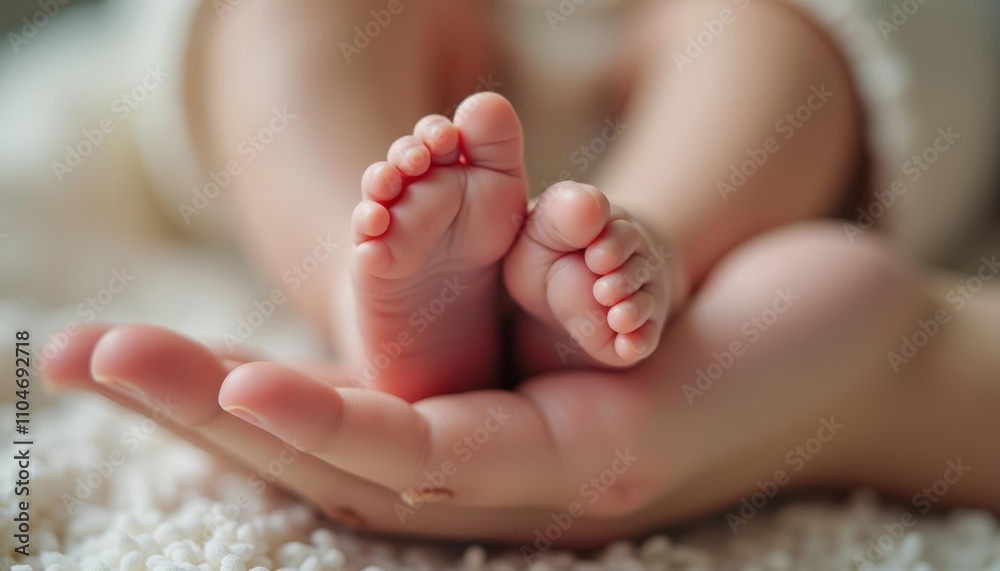 Baby feet resting in a parent's hand on a bed Baby feet resting in a parent's hand on a bed