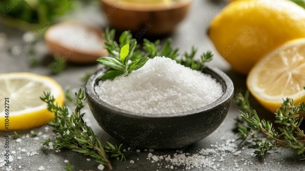 Fresh Ingredients with Sea Salt, Lemon Slices, and Herbs on Table Fresh Ingredients with Sea Salt, Lemon Slices, and Herbs on Table