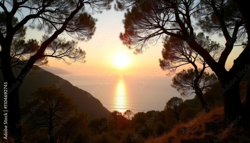 Sunset in the mountains, Clear sky above sea, Trees silhouetted at sunset