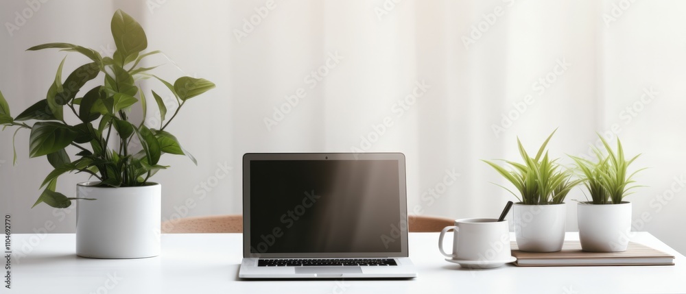 minimalist workspace with laptop and indoor plants for productivity